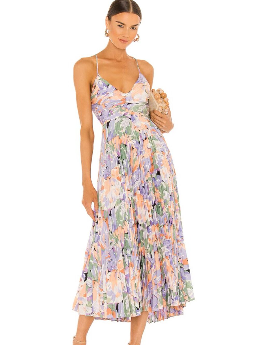 ASTR Floral Pleated Midi Dress in Lavender, Peach & Green - Picture 3 of 3